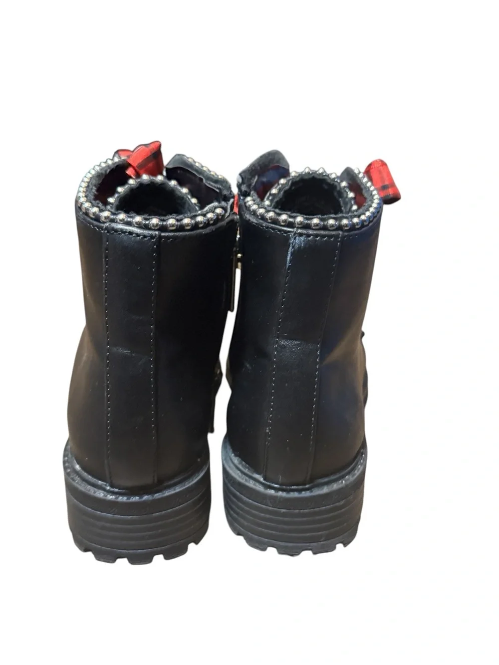 kidpik Black Studded Combat Boots with Red Plaid Ribbon Laces Size 12